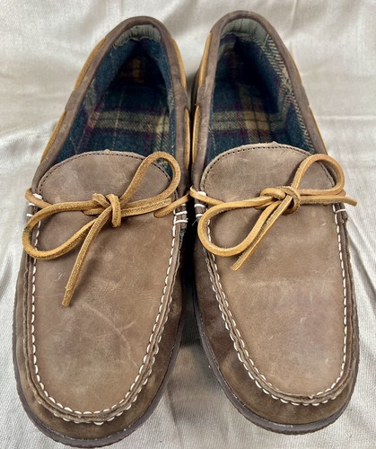 LL Bean Handsewn 212164 Leather Flannel Lined Moccasin Slippers Brown Mens Sz 10 - Picture 5 of 9