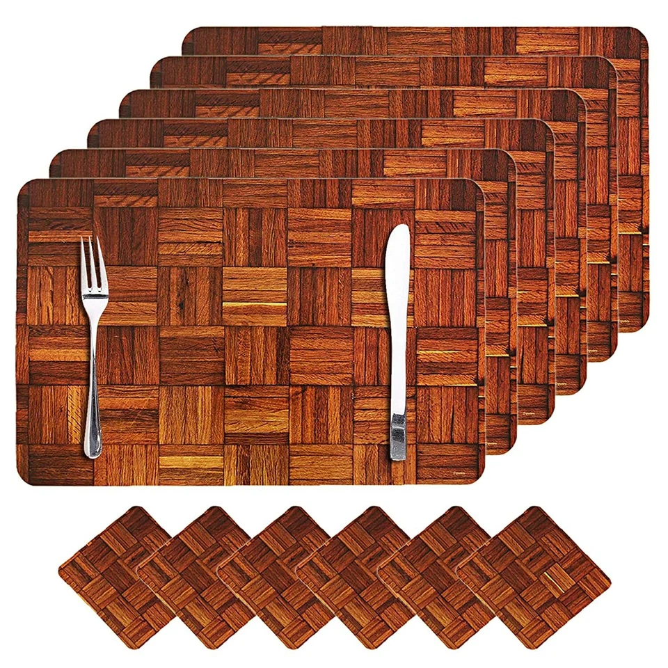 Wooden Design PVC 6 Piece Dining Table Placemat Set with Tea Coasters - Image 2 of 4