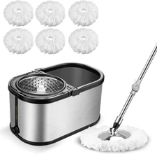 Spin Mop Bucket System Stainless Steel Bucket and Mop Set with 6 Microfiber Repl