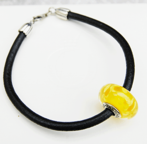 Gen. Pandora black Leather Bracelet w. oversized yellow Murano 590707-M retired - Picture 1 of 4