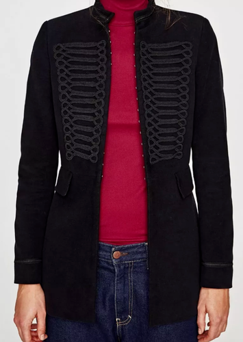 A733 ZARA MOLESKIN FROCK BLACK MILITARY TOGGLES COAT BLAZER JACKET - L - Afbeelding 9 van 17