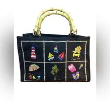 Beach Black Purse Embroidered Bamboo Handle Ocean Vacation Vintage Wood
