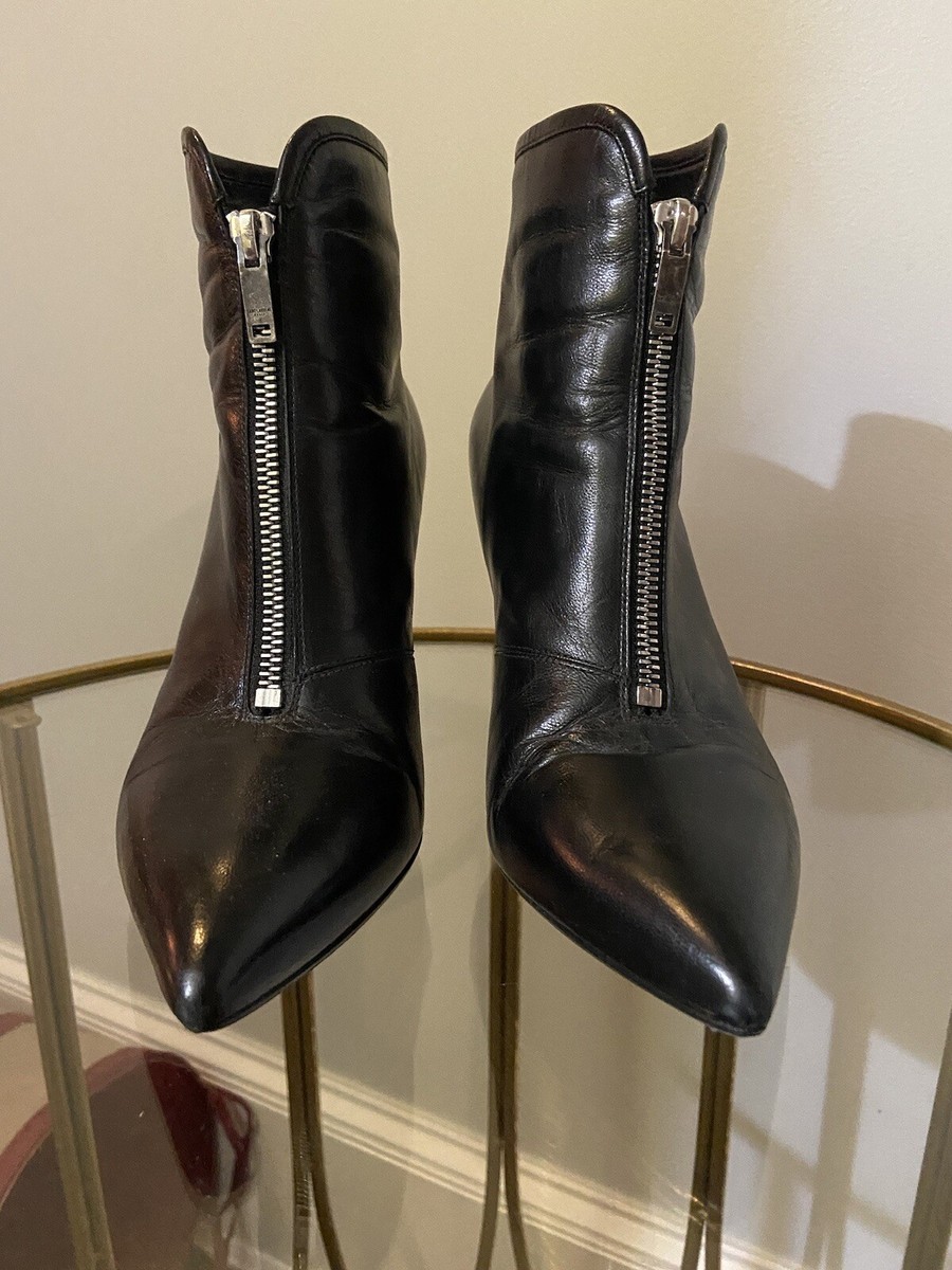 *SAINT LAURENT*KIKI ANKLE BOOTS 関税/送料込 Saint Laurent YSL Kiki Zip Black Leather Pointed Toe Ankle