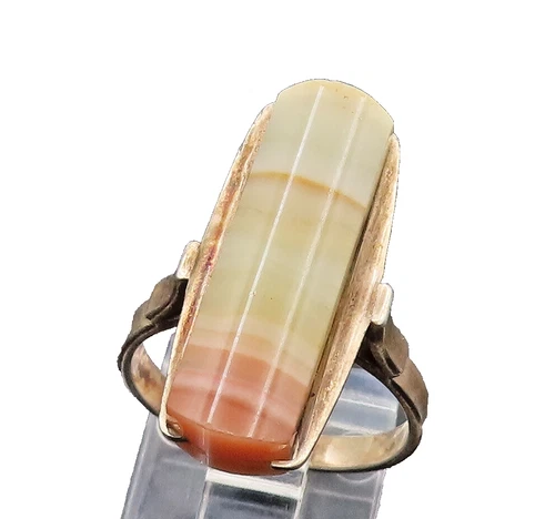 EAST EUROPE 925 Sterling Silver Vintage Rectangular Agate Ring Sz 7 RG26309