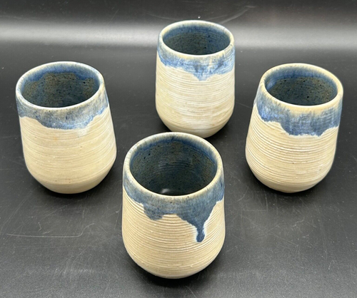 Signed Eugene Deutch Studio Art Pottery 4 Cups Vase Cream & Blue Glaze Drip MCM - Picture 3 of 9