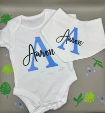 Personalised Name and Initial Baby Vest and Bib Set Bodysuit Babygrow Free P & P
