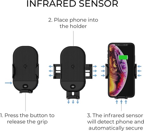 XQISIT Premium Wireless Car Charger 2in1 Qi Holder with Infrared Sensor - Black - Picture 3 of 10