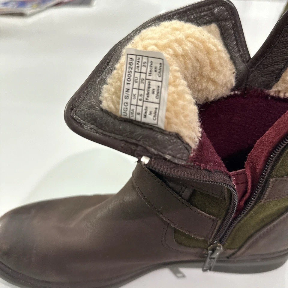 UGG Simmens Mujer Talla 8 Marrón Cuero Bota Verde Oliva Lana Cremallera Foto 3 de 4