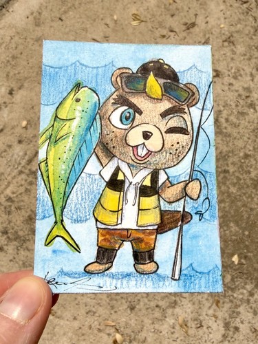 Original ACEO C.J. Painting by Dyer- Mini Art 2.5x3.5 in. Animal Crossings Fish