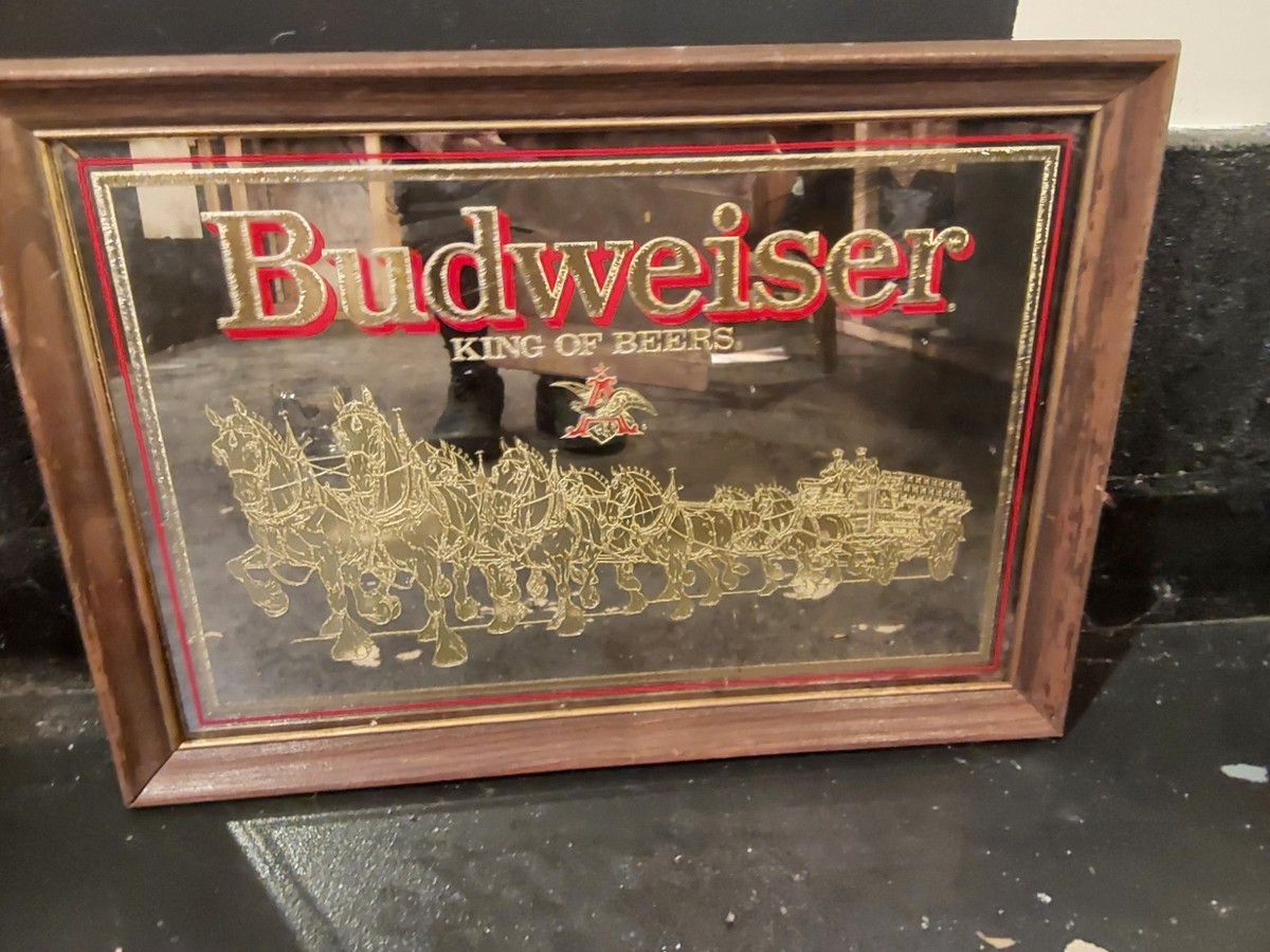 VINTAGE Budweiser Kings of Beers Mirror Framed Sign 20x14
