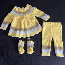 Vintage 70s Hand Knit Crochet Baby Set Dress Pants Booties Yellow Brown 6-12 Mth