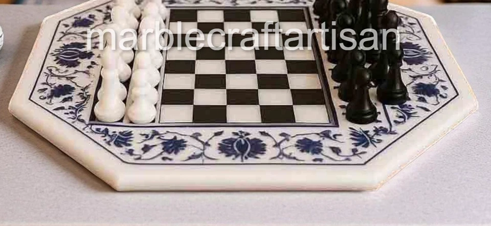 Juego de ajedrez con incrustaciones de mármol blanco con piezas para adultos diseño de arte floral de lapislázuli Foto 2 de 4