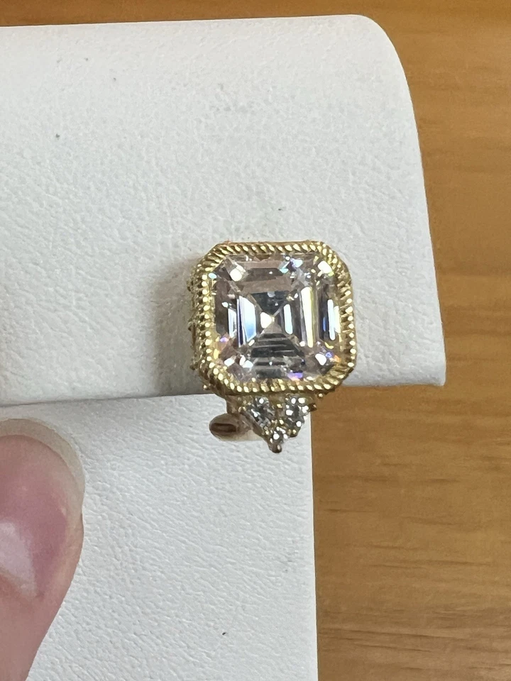 Judith Ripka Earrings Gold on Sterling Silver Ascher Cut CZ Earrings Omega Backs - Image 2 of 4