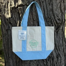 Trader Joes Mini Pastel Canvas Tote Bag Sky Blue NWT Spring 2025 Limited Edition