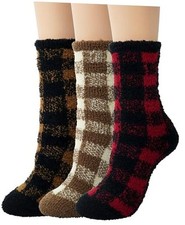 Fuzzy Socks Women - Winter House 5-10 3 Pairs Checkered Red Khaki Yellow