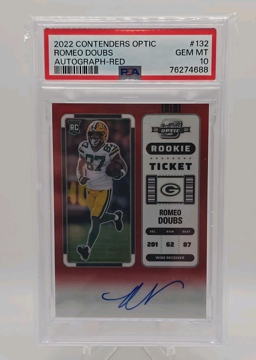 2022 Contenders Optic Romeo Doubs 132 Rookie Ticket Auto Red Prizm /149 PSA 10