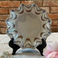 Antique Silesia German Porcelain Ruffle Edged Trinket Dish Blue Bows Hand Painte