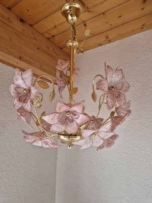 Murano Glas Kronleuchter   Rose    Italien 1970/80er   Rosé & Gold   Vintage
