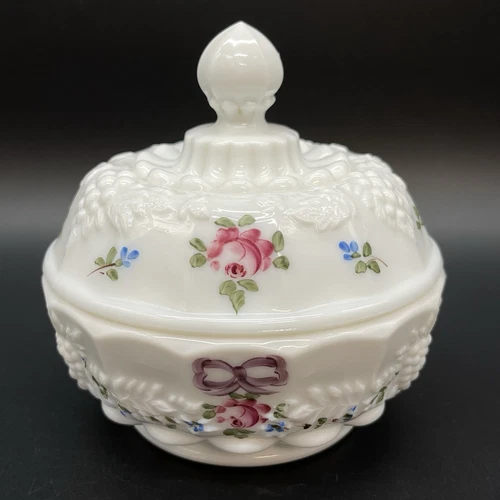 Westmoreland Vintage Milk Glass Roses And Bows Candy Dish With Lid Hand Painted