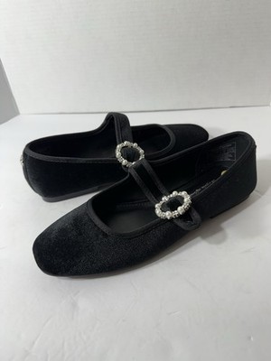 Juicy Couture Black Velvet Silver Mary Jane Flat Ballet Size 7 Faux Pearl Buckle