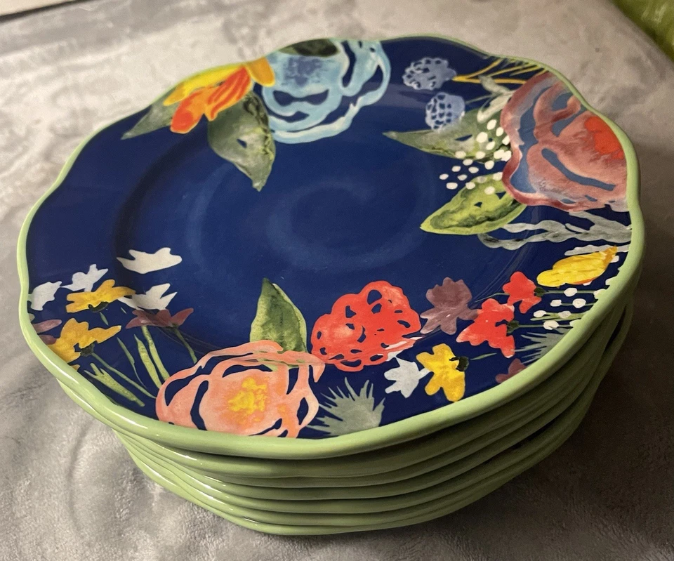 Juego de 4 platos de ensalada florales Pioneer Woman Heritage rosa roja borde festoneado azul Foto 2 de 4