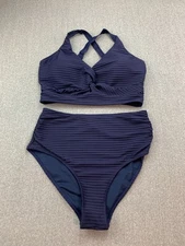 Thick Textured Slimming 2 PC Tankini Swimsuit Womens L Navy Blue High Waist Cute