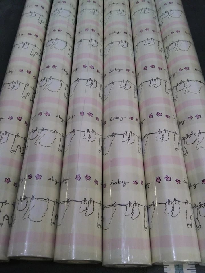 6 rolls Gift wrap baby clothes on line  20sq ft pink beige with pink flowers. - Image 3 of 4