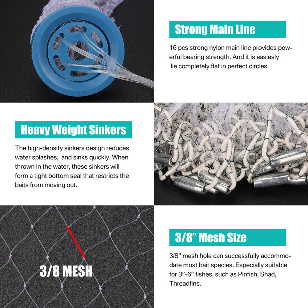 10ft/14ft/18ft/22ft Hand Cast Fishing Net Bait Net Twine +Steel Dense Line  mesh