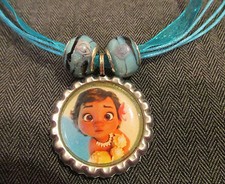 Baby Moana Aqua Ribbon Bottle Cap Bling Charm Necklace Bead Ocean Maui Polynesia