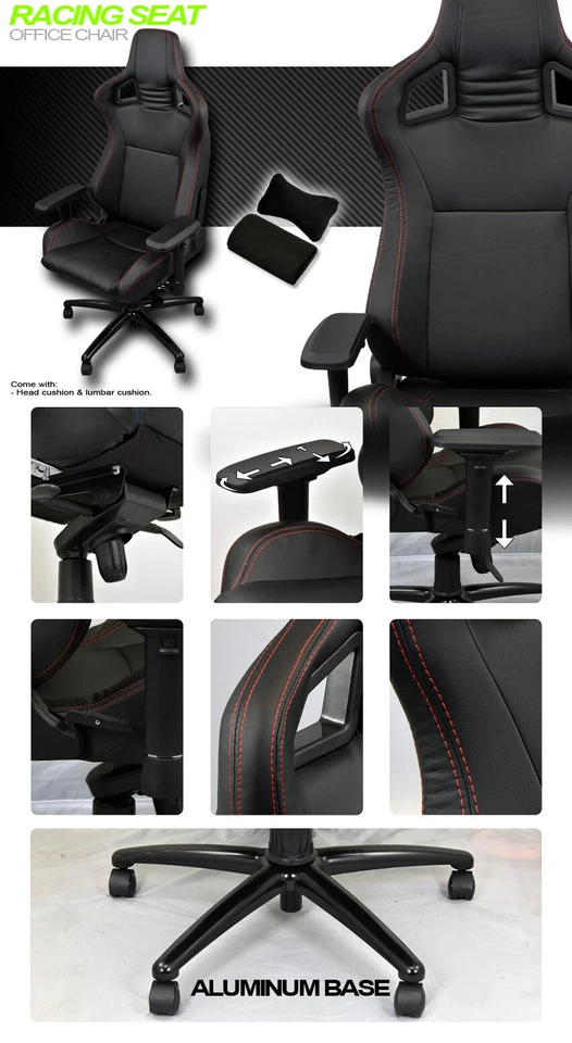 Black With Red Stitches Pvc Leather MU Racing Bucket Seat Game Office Chair Vl17 - Image 2 of 2