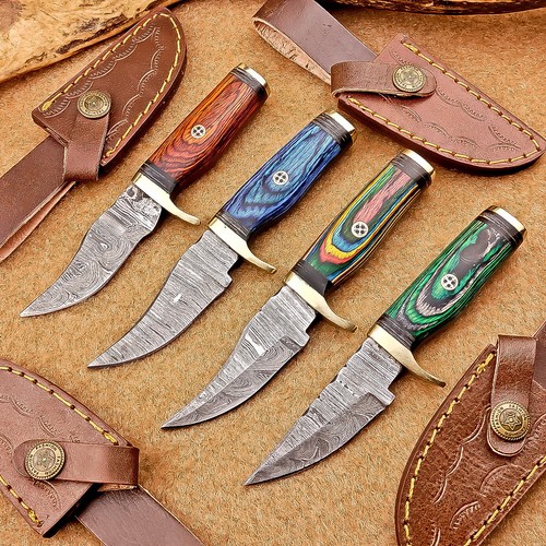4 Pcs Damascus Blade Skinner Knives Set | 6" | Hard Wood, Leather Sheath IT-1125