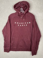 American Eagle Hoodie Mens Medium Red Spellout Print Long Sleeve