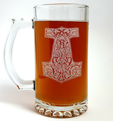 Thor's Hammer 16oz Glass Beer Stein  Free Engraved Personalization Mjolnir Mug