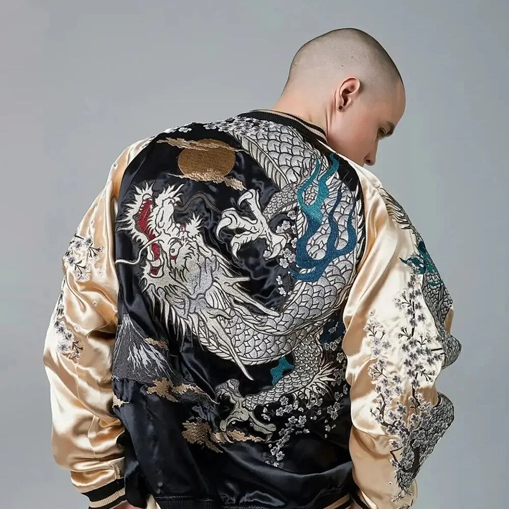ALTRA Giacche Uomo Retro Drago Cinese Ricamato Trendy Giacca Baseball