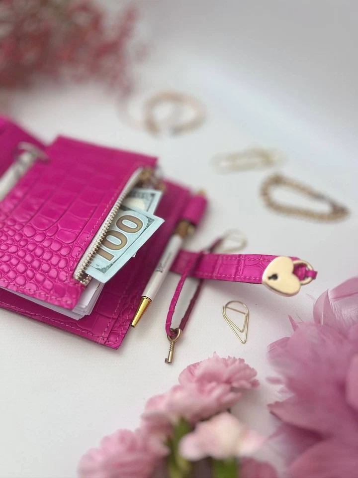 Hot Pink leather notebook cover A7 6 rings mini wallet, Mini Planner Binder. - Image 4 of 4