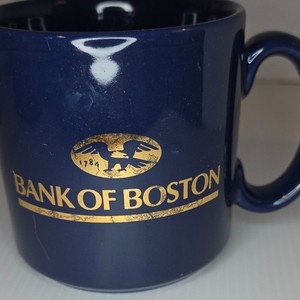 Vintage Bank of Boston Navy Blue Mug TAMS England Gold Logo Corporate Promo