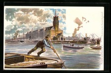 Lithographie Hamburg, Hafenpartie mit Quai-Speicher, Barkasse und Kahnfahrer 