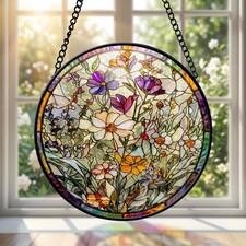 Stained Glass Suncatcher Round Floral Window Decor, Colorful Wildflower