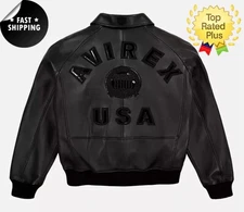 Men Avirex Black Real Bomber American Flight Jacket Leather Jacket-FAST SHIPPING