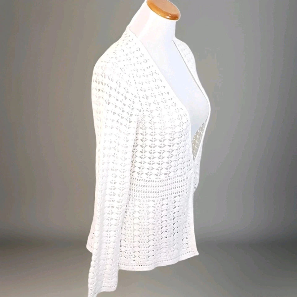 Cárdigan Eddie Bauer Ganchillo a Mano Tejido Abierto Mezcla de Lino Blanco Talla M Foto 3 de 4