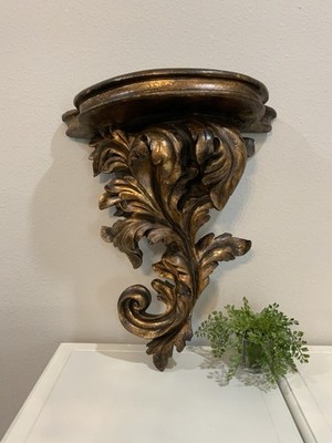 Vtg Large Distressed Ornate Gold Bronze Acanthus Leaf Wall Hanging Shelf Sconce