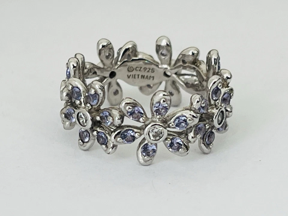 Diamonique Sterling Silver 925 Tanzanite CZ Floral Eternity Band Ring Size 6 - Image 3 of 4