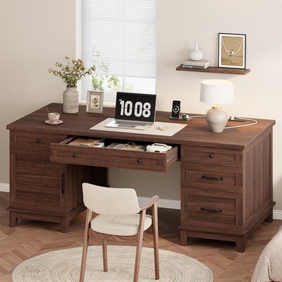 60'' Executive Desk with Power Outlet, Home Office Desk with Drawers,