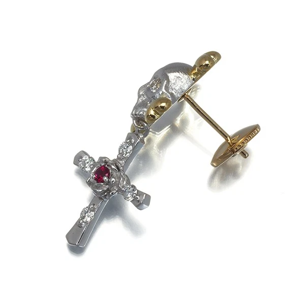 Auténtico Broche KAJI MITSUO Rubí Diamante 0.18ct Calavera Cruz 18K YG/WG Foto 3 de 4