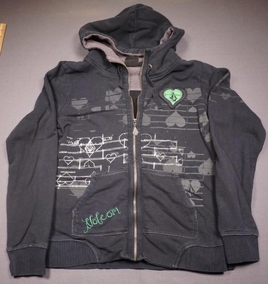 Volcom Hoodie Womens XL Gray Full Zip Sherpa Lined Heart Graphic Logo Fleece Y2K