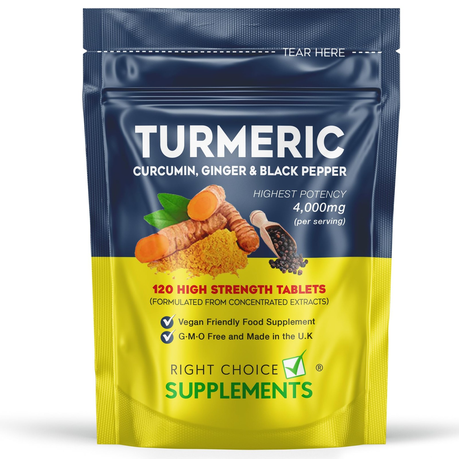 Turmeric, Ginger & Black Pepper 4000 mg Tablets (per 120 count (Pack of 1)