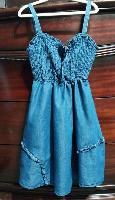 Girls size 7  Denim Sundress With Rouched Top And Sweetheart Neckline