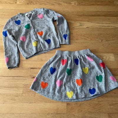 Mini Boden Girls Heart Knit Cardigan Skirt Set Matching Outfit 7-8Y Preppy Fall