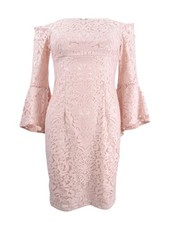Xscape Women's Petite Lace Off-The-Shoulder Bell-Sleeve Dress (2P, Blush)