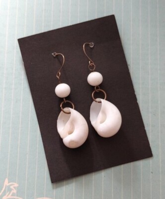 Vintage earrings sterling silver natural white sea shell snail shape 2'' long